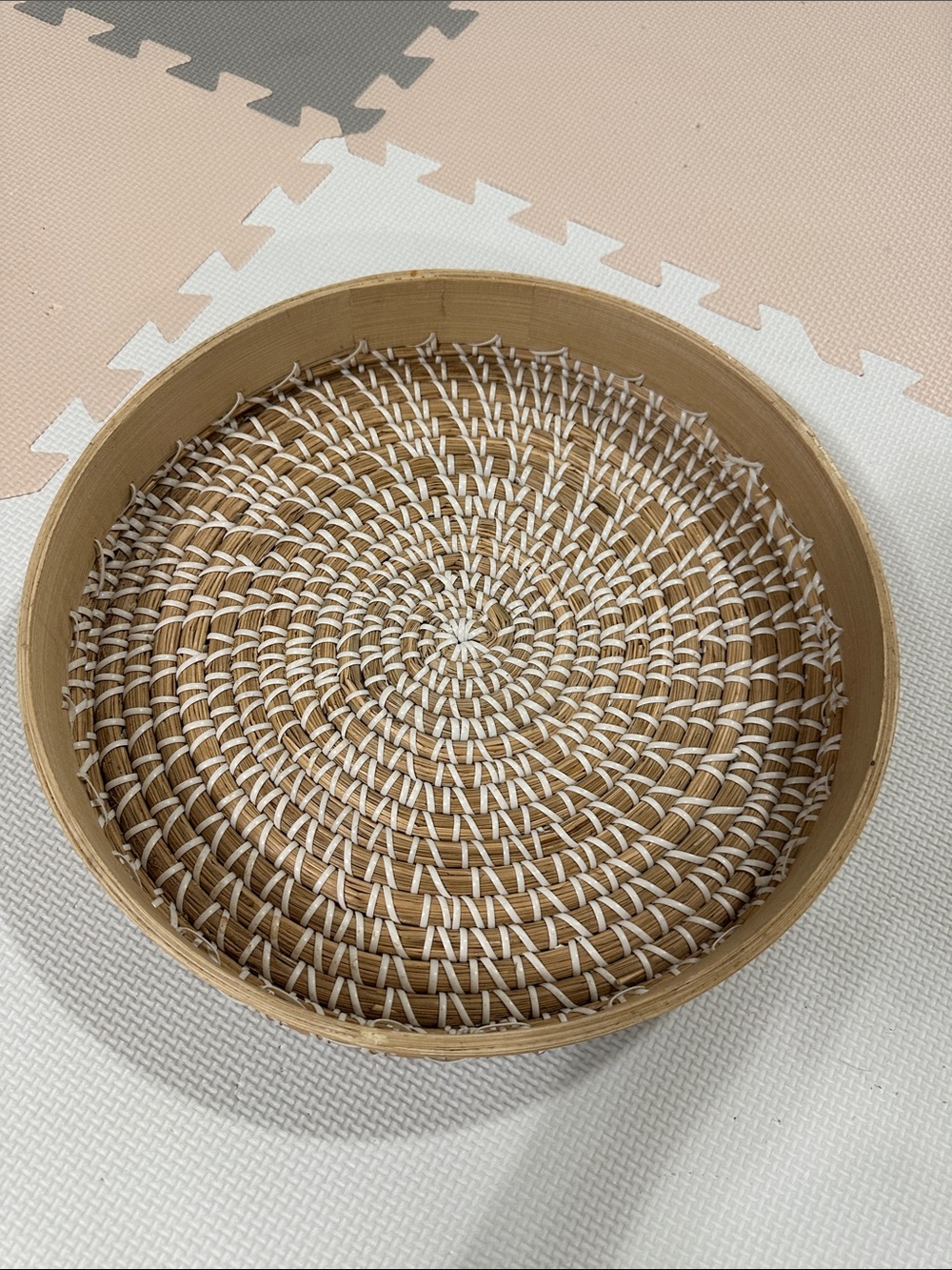 Stanley Natural and White Woven Round Basket Tray